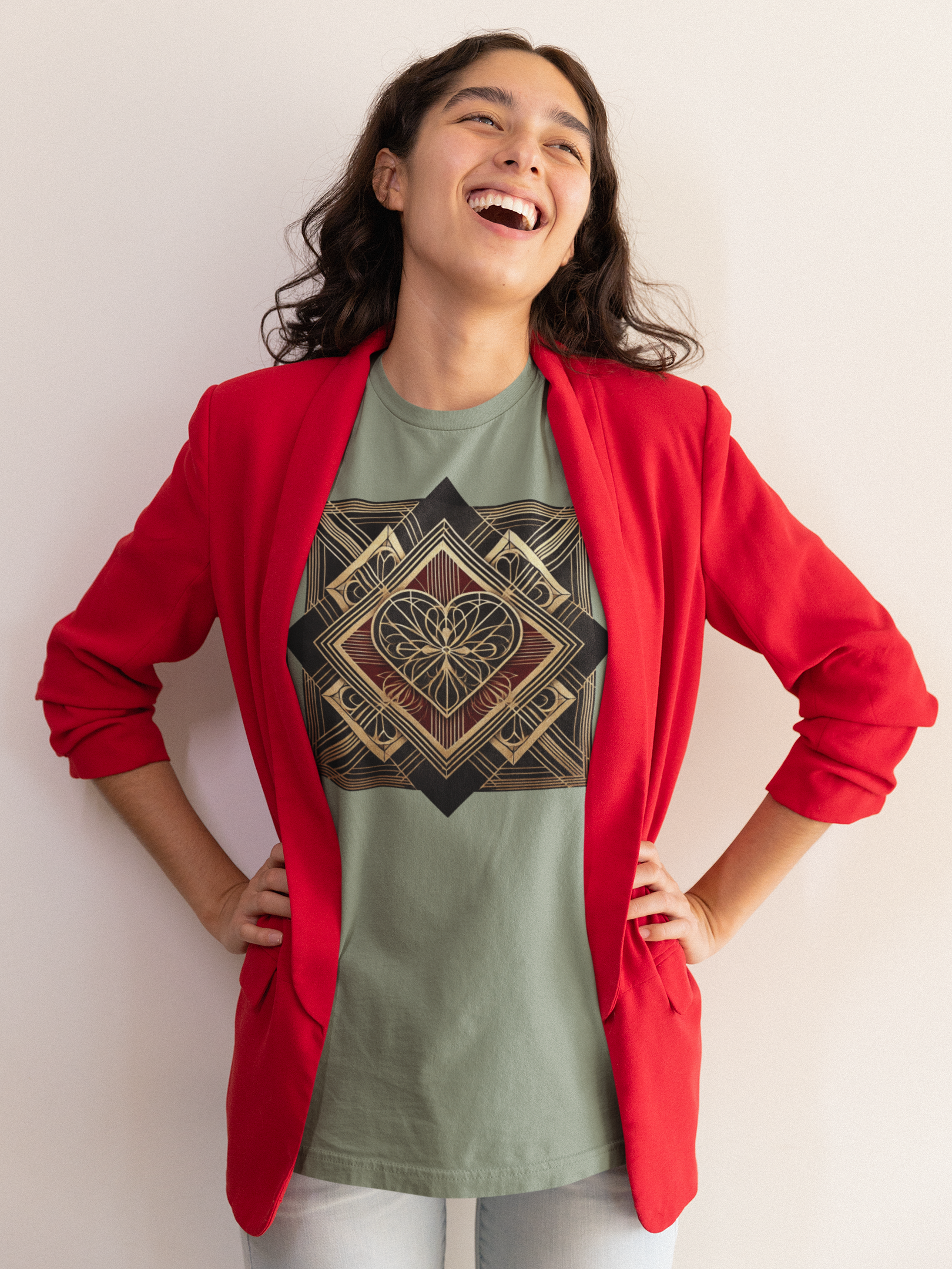 Art Deco Heart T-Shirt – Romantic Valentine’s Day Graphic Tee worn casually, highlighting the ornate art deco heart illustration with gold-inspired detailing