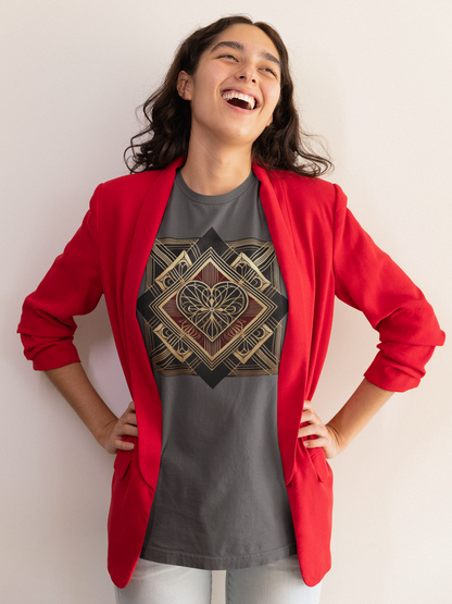 Dark grey Art Deco Heart T-Shirt – Romantic Valentine’s Day Graphic Tee featuring layered geometric shapes inspired by classic art deco romance