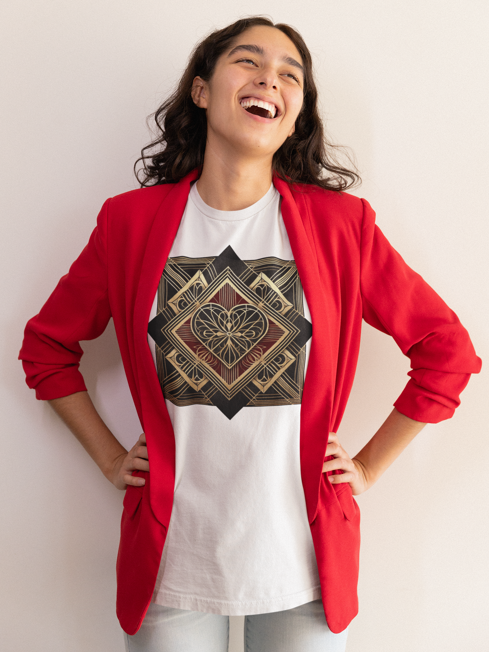 Art Deco Heart T-Shirt – Romantic Valentine’s Day Graphic Tee shown on model against a soft neutral wall highlighting the layered geometric heart motif