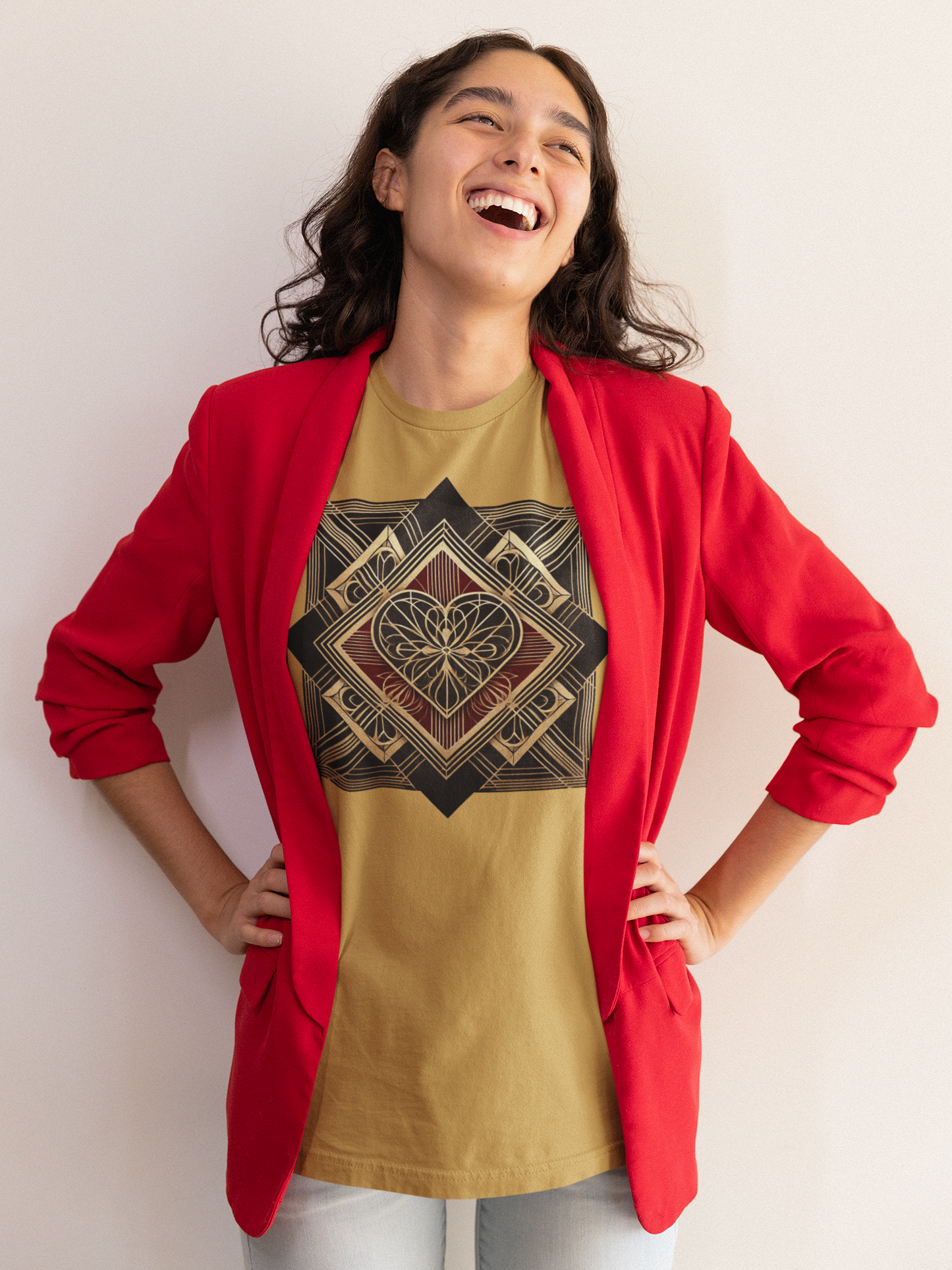 Mustard Art Deco Heart T-Shirt – Romantic Valentine’s Day Graphic Tee highlighting bold contrast and symmetrical art deco heart styling