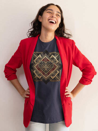 Art Deco Heart T-Shirt – Romantic Valentine’s Day Graphic Tee modeled in a relaxed lifestyle pose, highlighting the symmetrical art deco heart illustration on a navy blue tee paired with a bold red blazer.