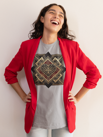 Smiling model in a studio setting wearing the Art Deco Heart T-Shirt – Romantic Valentine’s Day Graphic Tee featuring a bold art deco heart and elegant symmetrical linework
