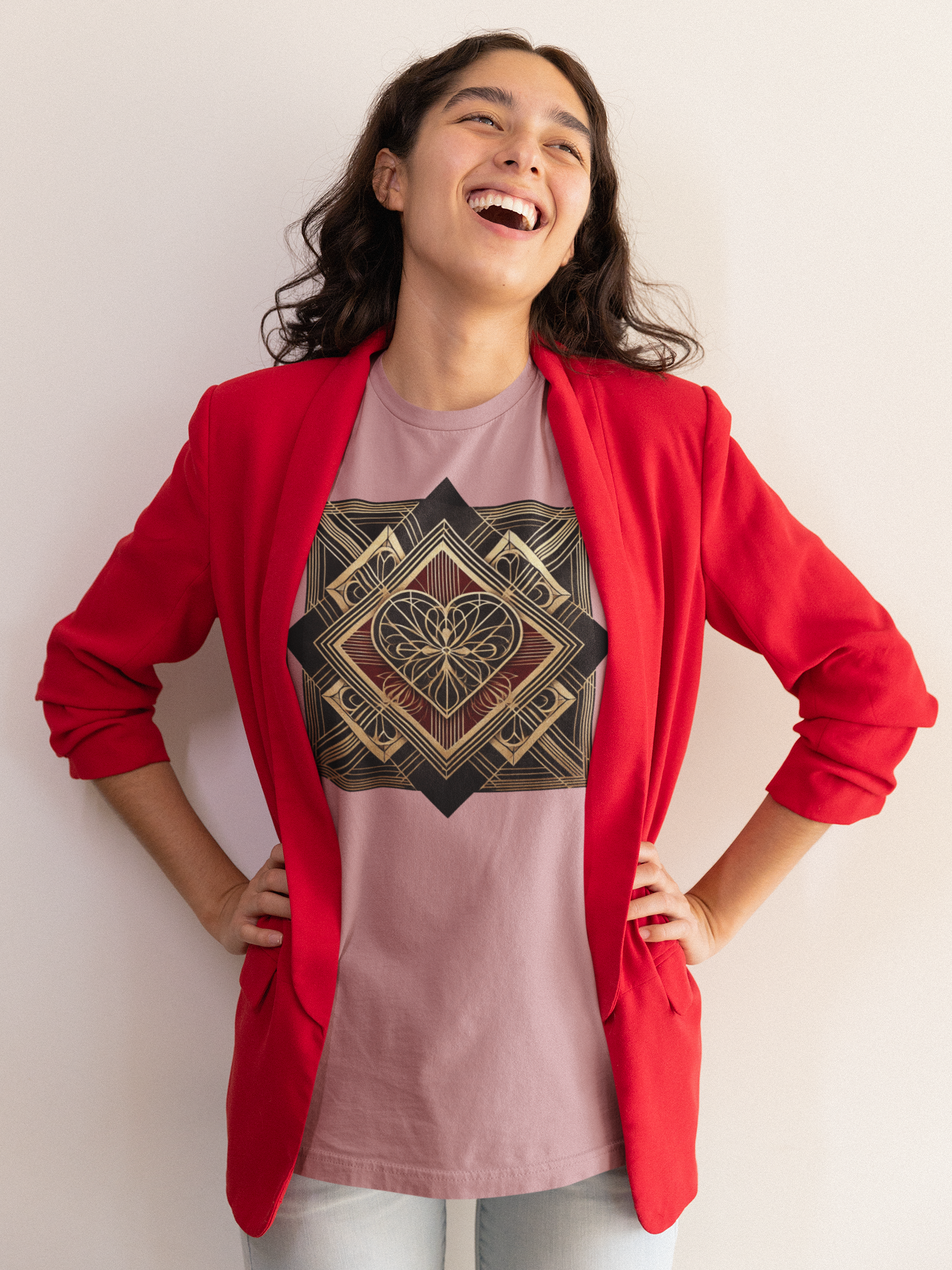 Art Deco Heart T-Shirt – Romantic Valentine’s Day Graphic Tee styled in a soft pink tone with a decorative art deco valentine heart design