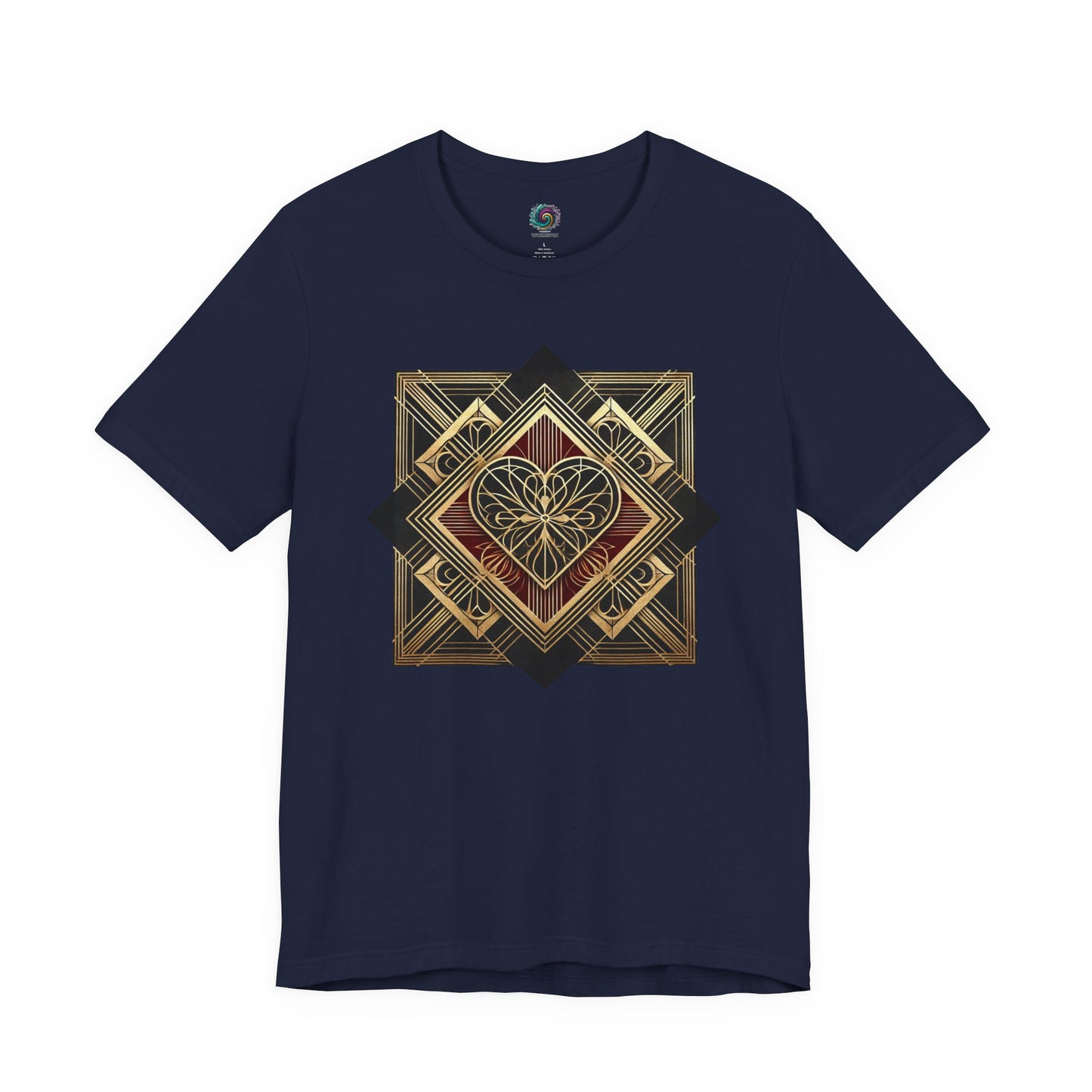 Art Deco Heart T-Shirt – Romantic Valentine’s Day Graphic Tee presented in navy, with clean geometric heart lines inspired by classic art deco design
