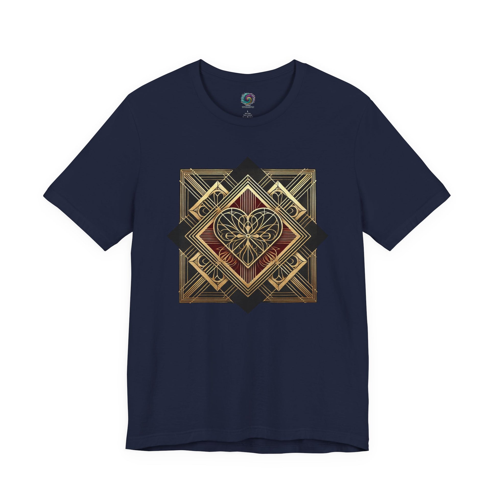 Art Deco Heart T-Shirt – Romantic Valentine’s Day Graphic Tee presented in navy, with clean geometric heart lines inspired by classic art deco design