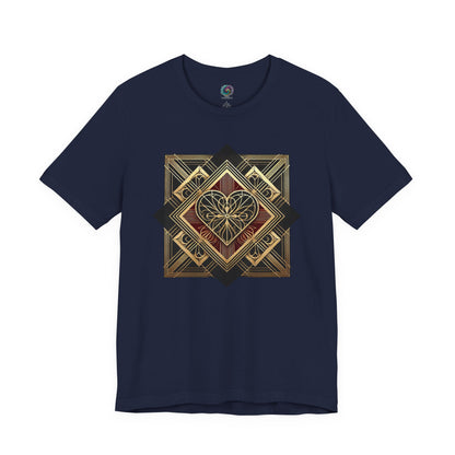 Art Deco Heart T-Shirt – Romantic Valentine’s Day Graphic Tee presented in navy, with clean geometric heart lines inspired by classic art deco design
