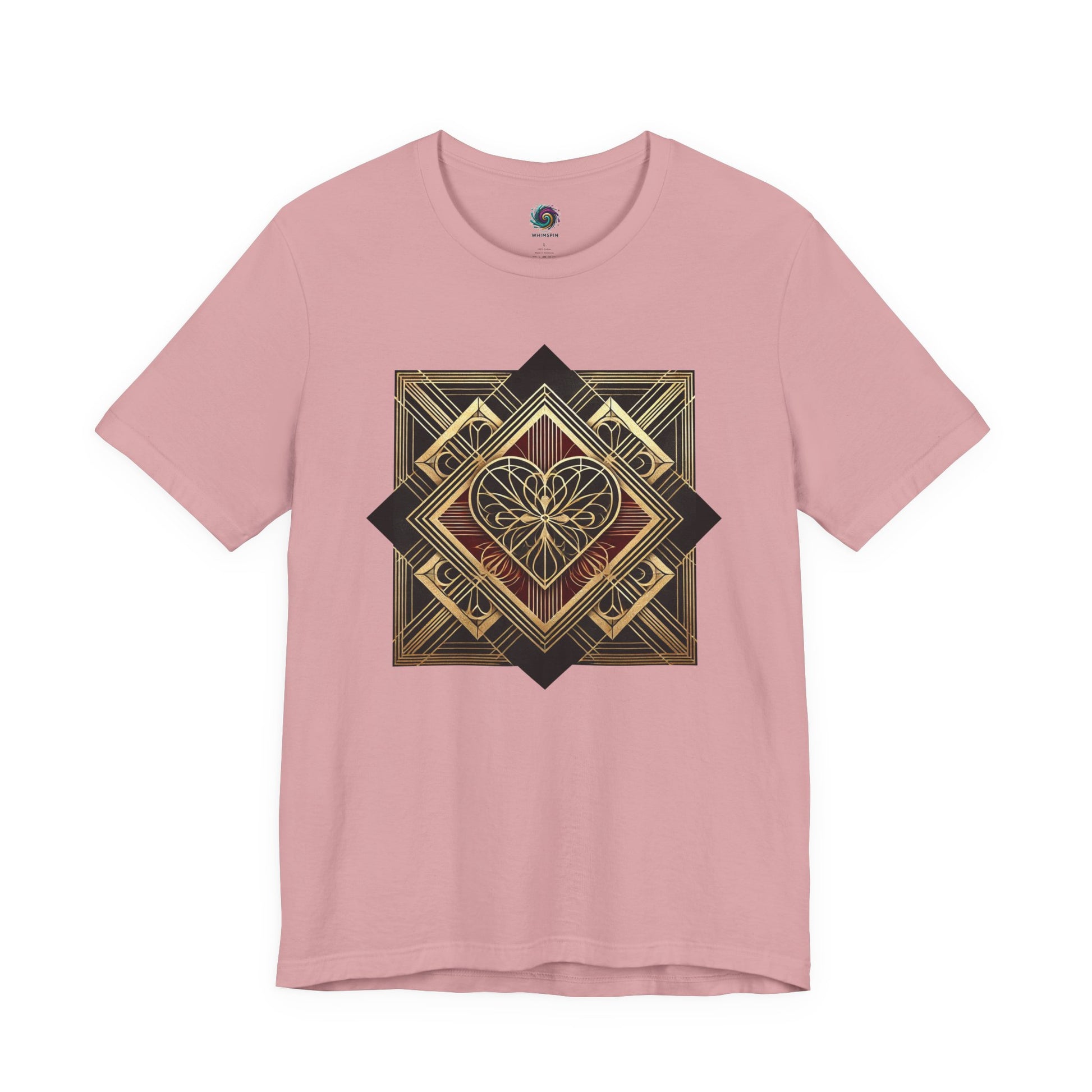Art Deco Heart T-Shirt – Romantic Valentine’s Day Graphic Tee in orchid displayed flat with ornate art deco heart styling