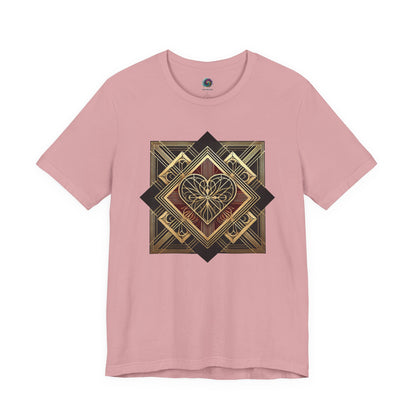 Art Deco Heart T-Shirt – Romantic Valentine’s Day Graphic Tee in orchid displayed flat with ornate art deco heart styling