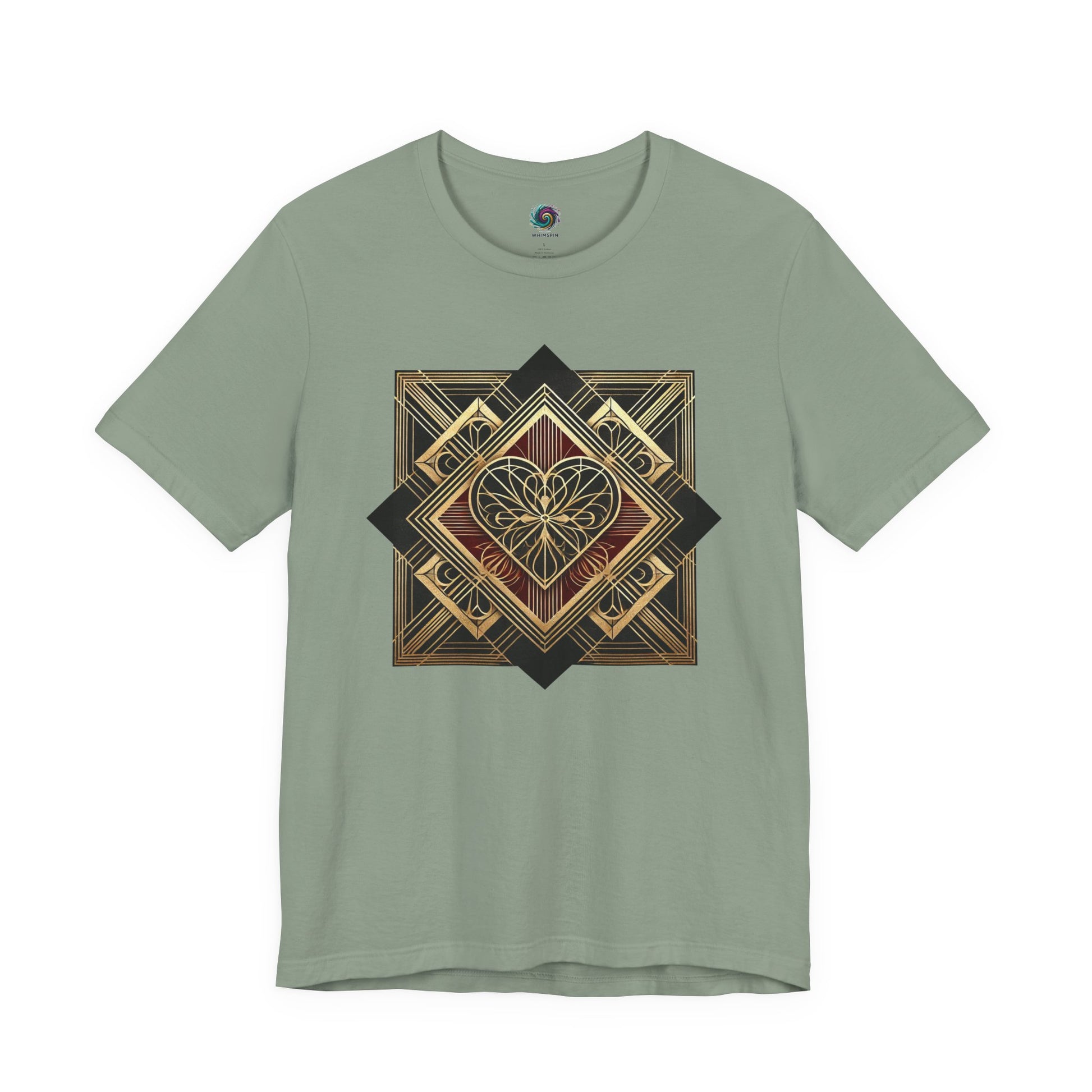 Art Deco Heart T-Shirt – Romantic Valentine’s Day Graphic Tee in sage green flat lay, featuring refined art deco valentine design