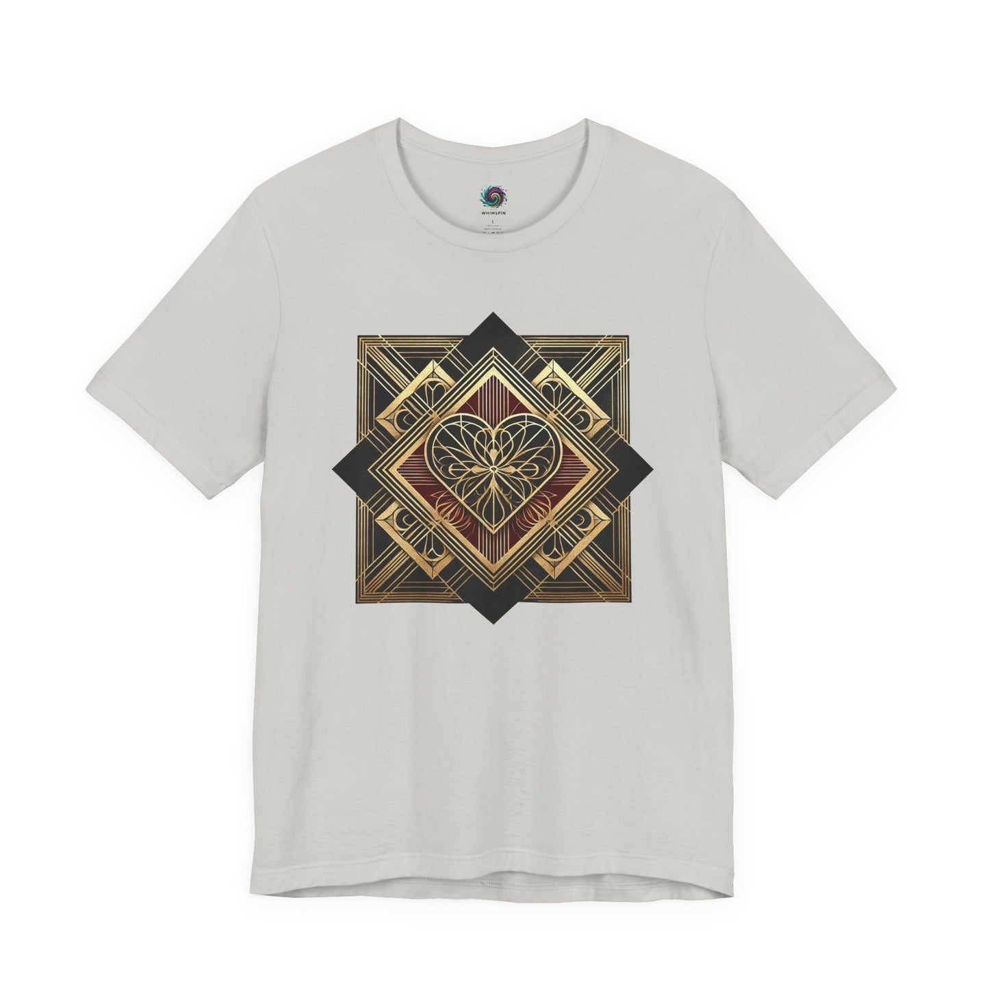 Art Deco Heart T-Shirt – Romantic Valentine’s Day Graphic Tee in silver shown flat to highlight the layered art deco valentine heart motif