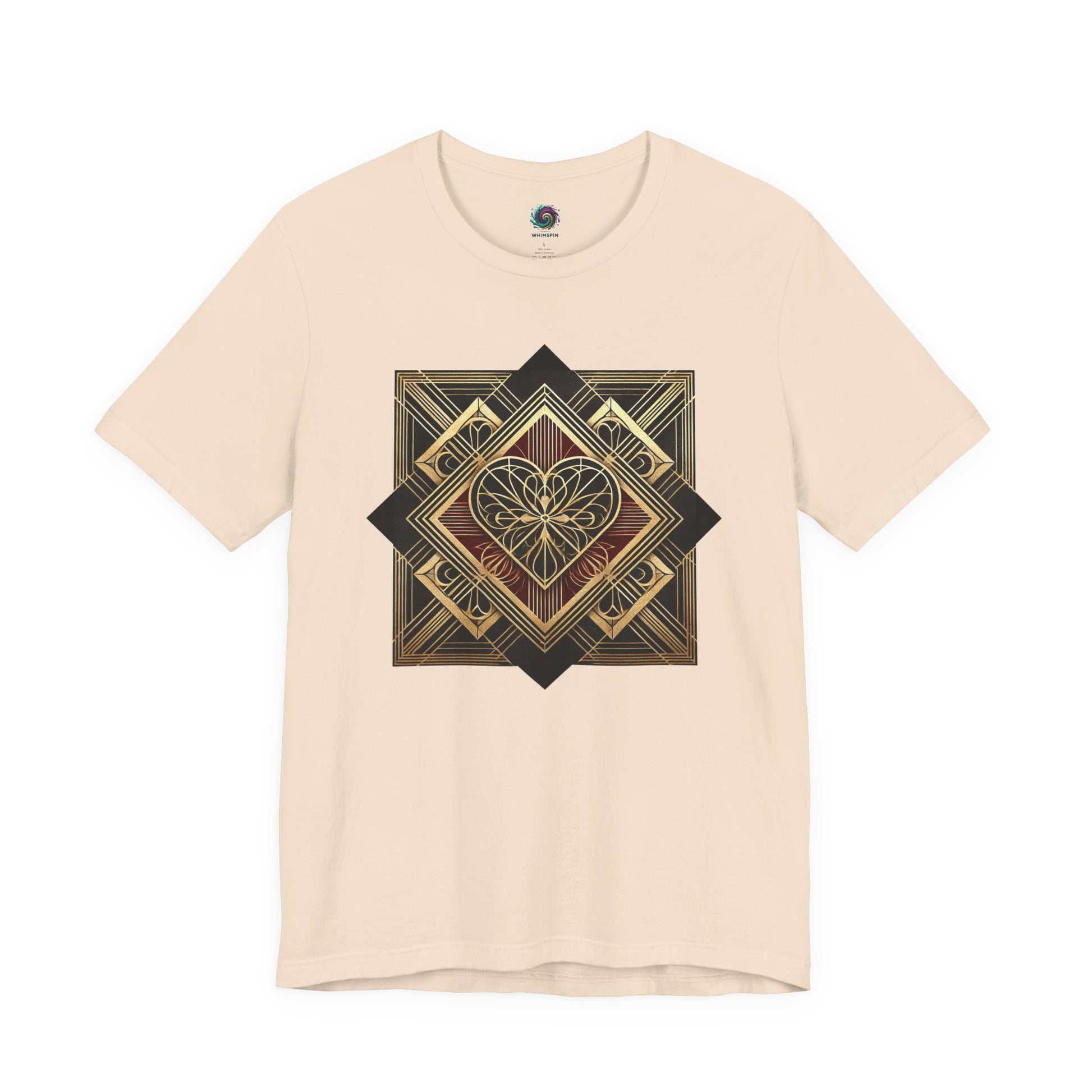 Art Deco Heart T-Shirt – Romantic Valentine’s Day Graphic Tee laid flat in soft cream, featuring elegant art deco heart symmetry