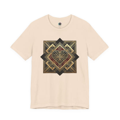 Art Deco Heart T-Shirt – Romantic Valentine’s Day Graphic Tee laid flat in soft cream, featuring elegant art deco heart symmetry