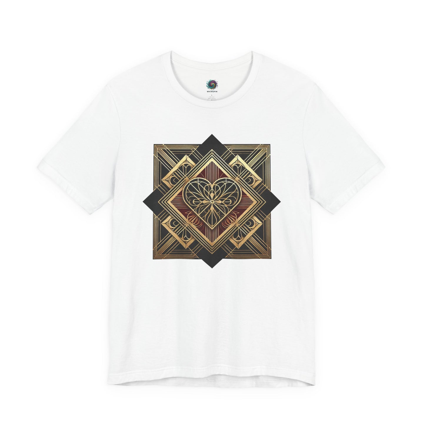 Art Deco Heart T-Shirt – Romantic Valentine’s Day Graphic Tee in white lay flat, displaying crisp geometric heart linework