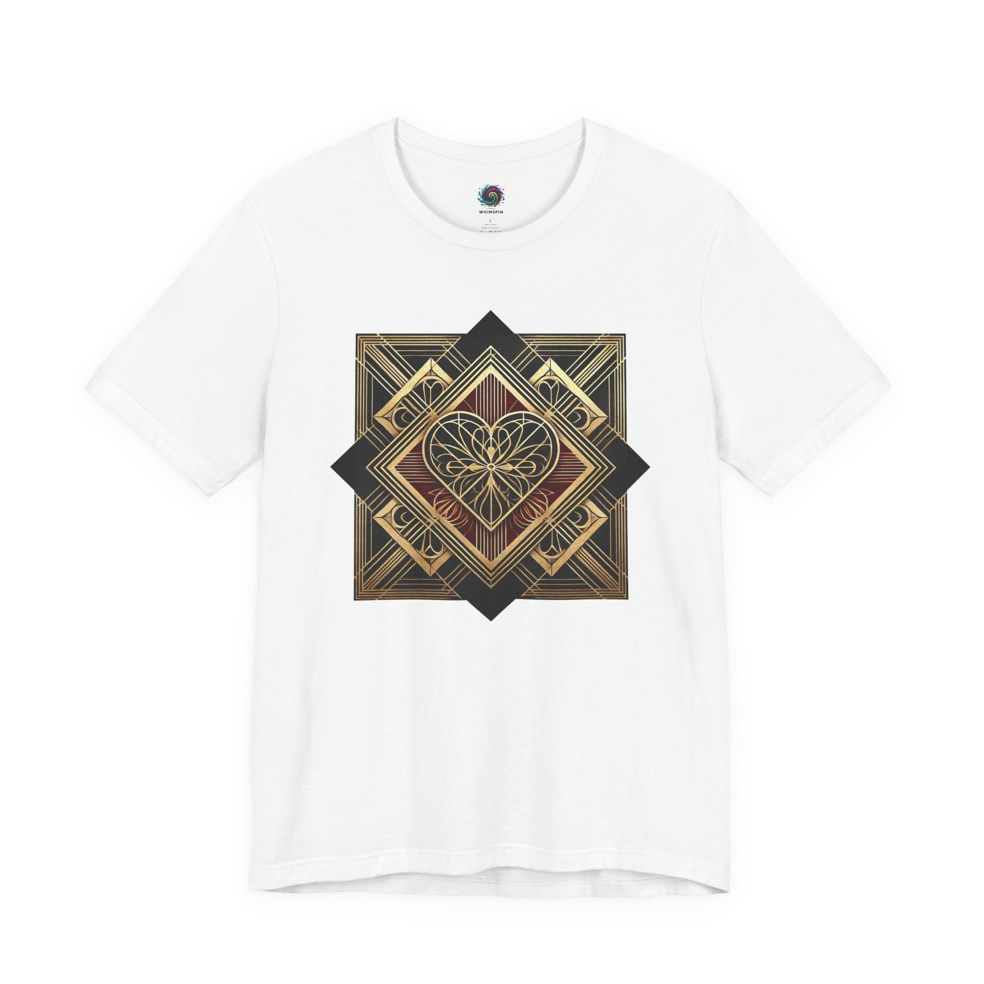 Art Deco Heart T-Shirt – Romantic Valentine’s Day Graphic Tee in white lay flat, displaying crisp geometric heart linework
