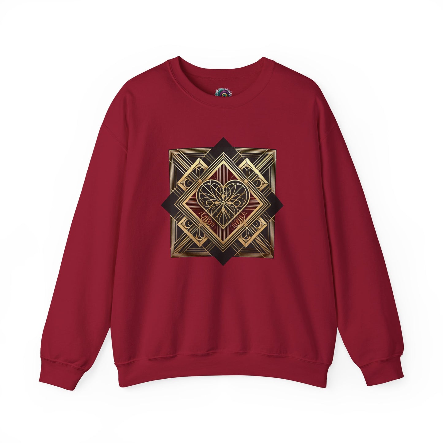 Art Deco Heart Sweatshirt – Romantic Valentine's Day Pullover in cardinal red highlighting a bold Art Deco heart Valentine’s design
