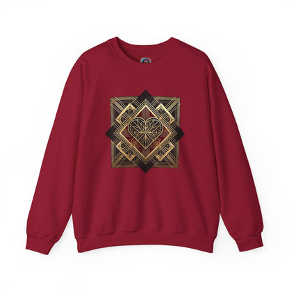 Art Deco Heart Sweatshirt – Romantic Valentine's Day Pullover in cardinal red highlighting a bold Art Deco heart Valentine’s design
