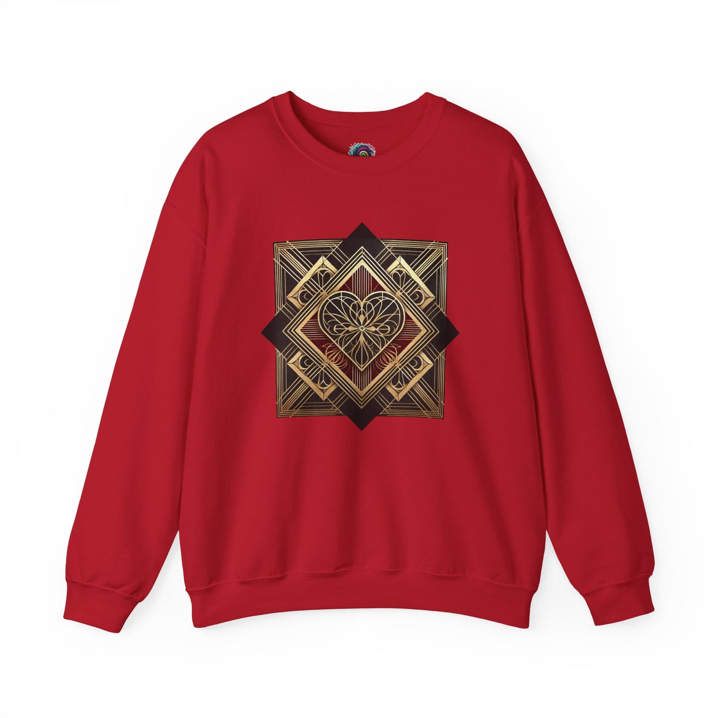 Art Deco Heart Sweatshirt – Romantic Valentine's Day Pullover in cherry red featuring an elegant Art Deco heart for Valentine's Day