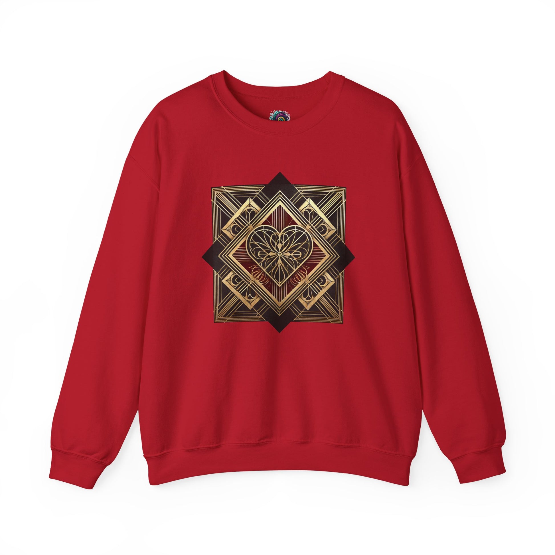 Art Deco Heart Sweatshirt – Romantic Valentine's Day Pullover in cherry red featuring an elegant Art Deco heart for Valentine's Day