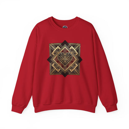 Art Deco Heart Sweatshirt – Romantic Valentine's Day Pullover in cherry red featuring an elegant Art Deco heart for Valentine's Day