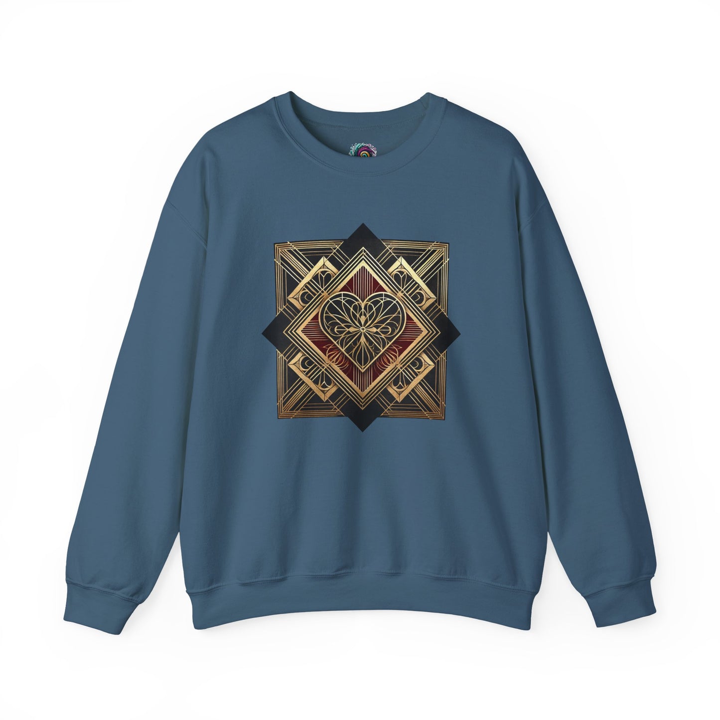 Art Deco Heart Sweatshirt – Romantic Valentine's Day Pullover in indigo blue showcasing a refined Art Deco heart graphic for winter