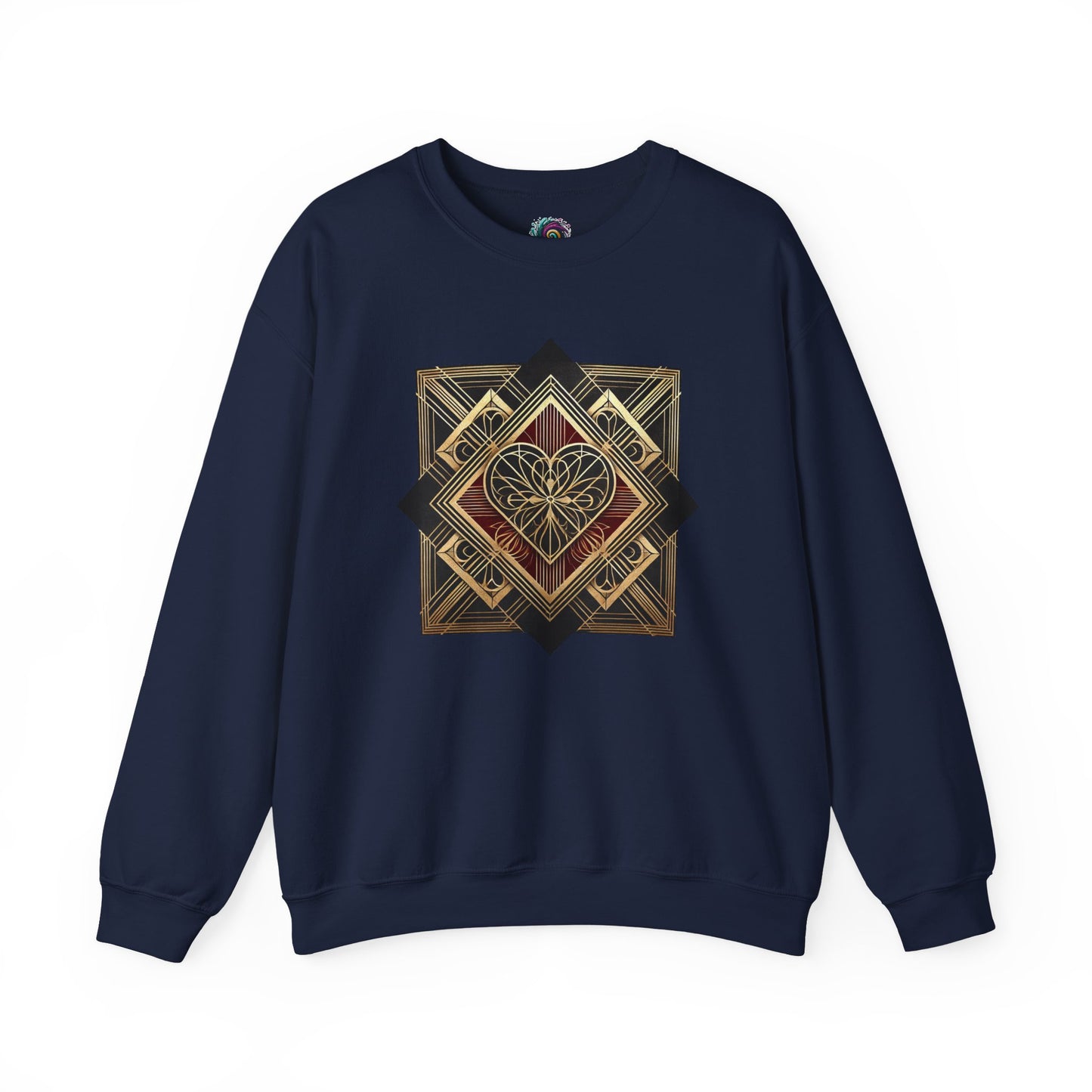 Art Deco Heart Sweatshirt – Romantic Valentine's Day Pullover in navy showcasing a classic Art Deco heart motif for winter wear