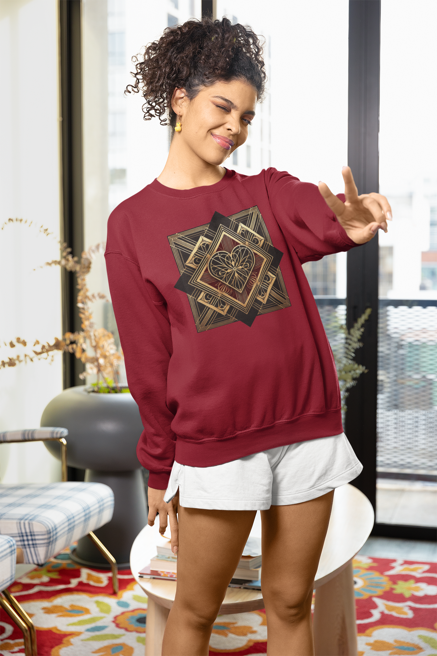 Art Deco Heart Sweatshirt – Romantic Valentine's Day Pullover worn in a cozy lifestyle setting, showcasing an elegant Art Deco heart design styled for winter wear