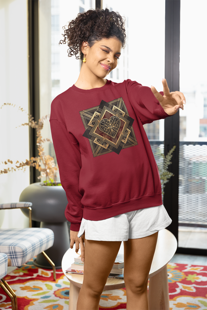 Art Deco Heart Sweatshirt – Romantic Valentine's Day Pullover worn in a cozy lifestyle setting, showcasing an elegant Art Deco heart design styled for winter wear