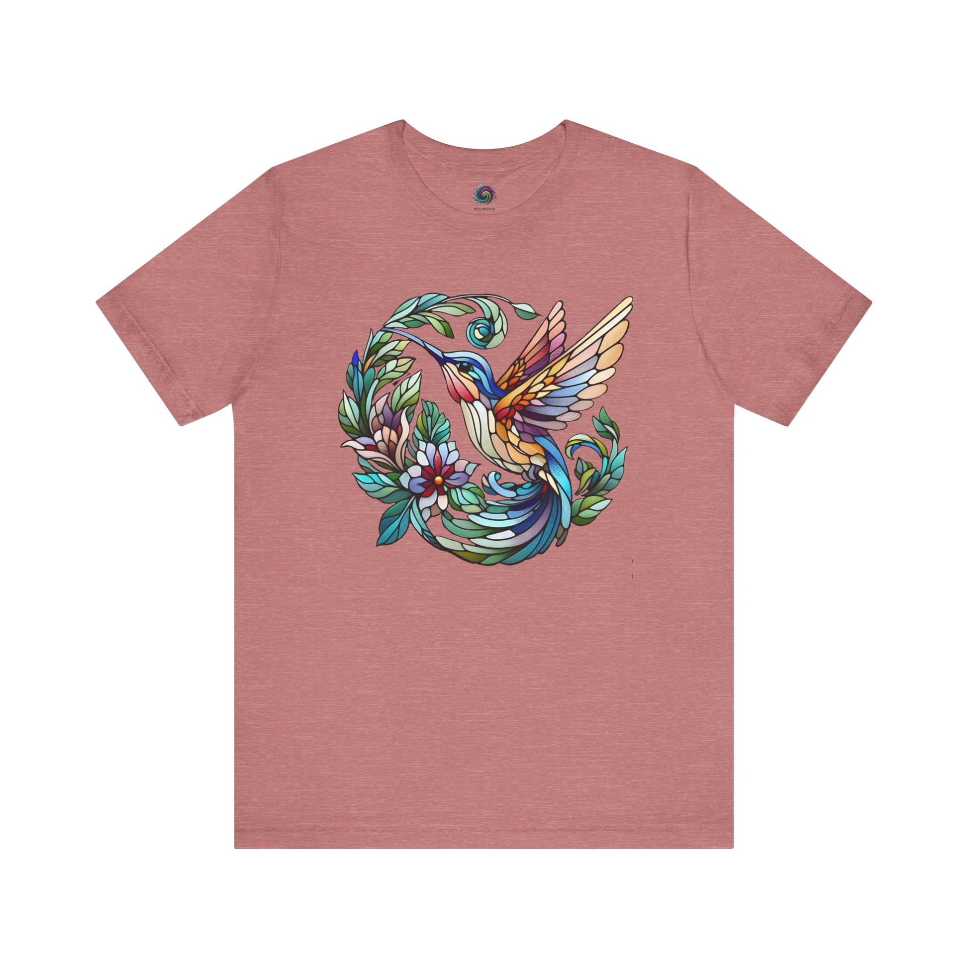Stained Glass Hummingbird T-Shirt – Colorful Floral Bird Graphic Tee in heather mauve featuring a bright stained glass hummingbird in a soft nature-inspired palette.