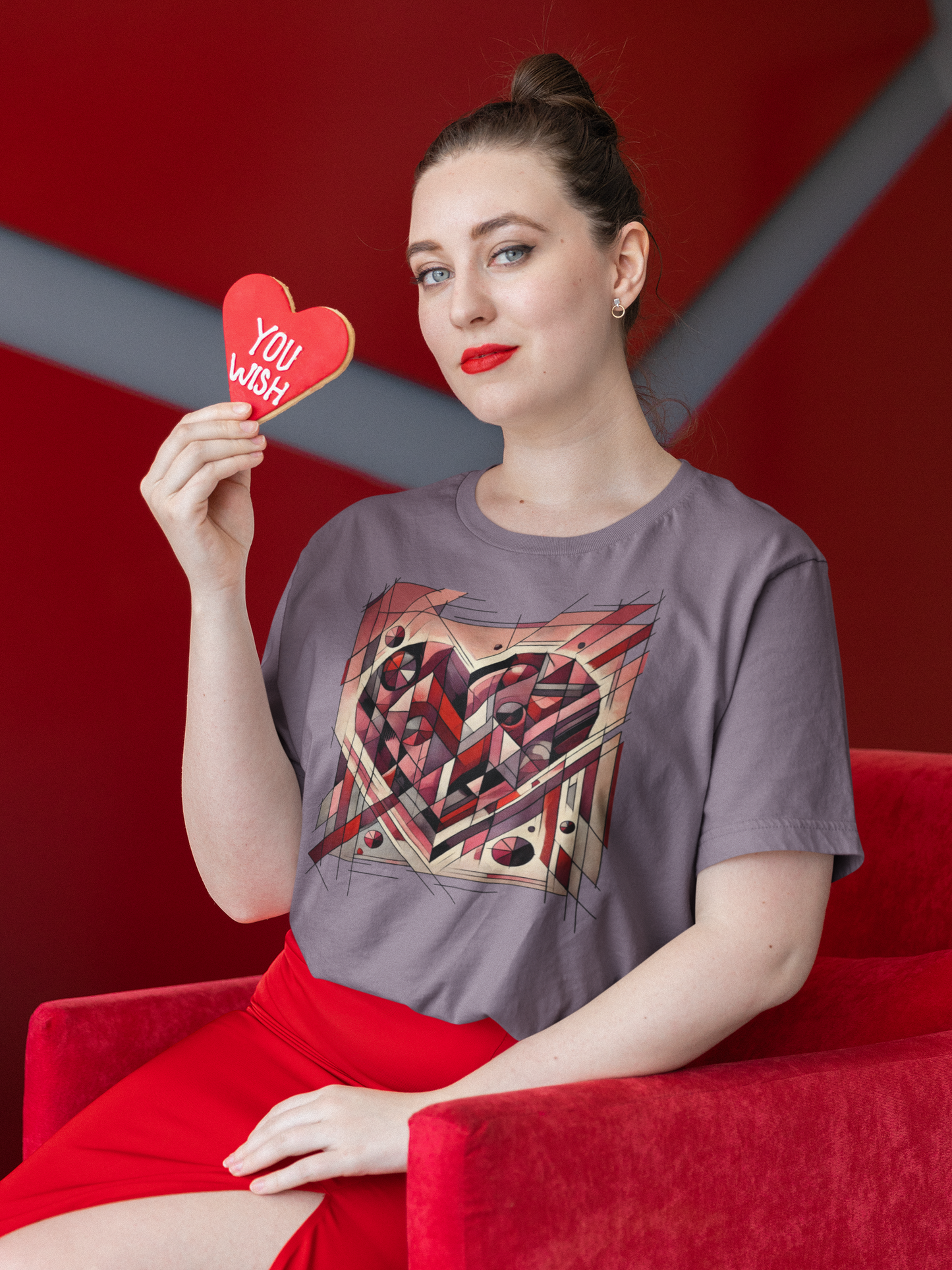 Cubist Heart T-Shirt – Modern Art Valentine's Day Graphic Tee photographed in a bold red interior, emphasizing layered geometry and cubist heart artwork inspired by modern art masters.