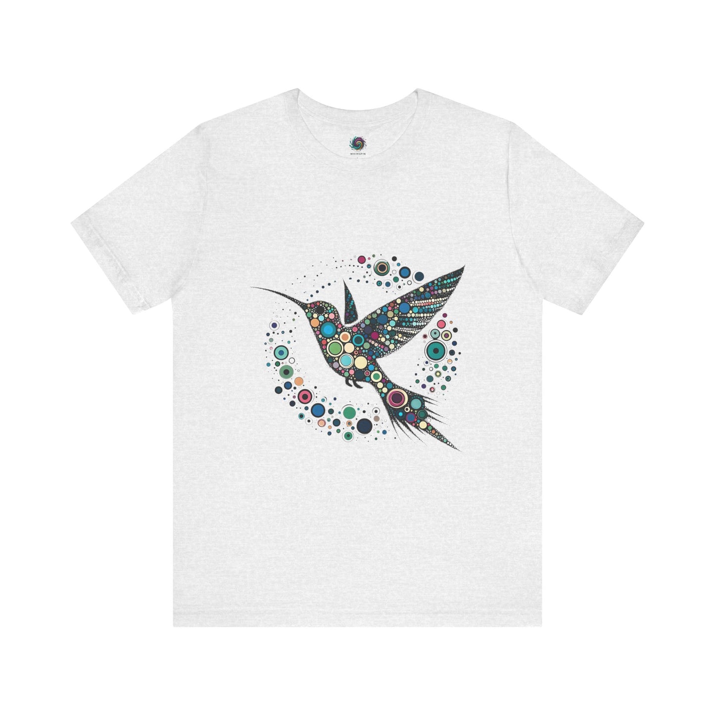 Hummingbird Dot Art T-Shirt – Colorful Nature-Inspired Graphic Tee in neutral ash with dotted hummingbird design, perfect for nature-inspired minimalist wardrobes.