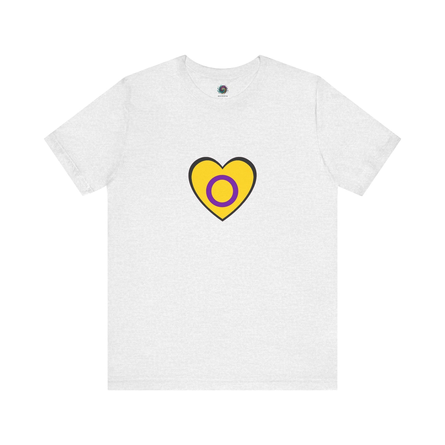 Intersex Pride Heart T-Shirt in ash, subtle neutral tone letting the symbolic heart design stand out.