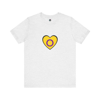 Intersex Pride Heart T-Shirt in ash, subtle neutral tone letting the symbolic heart design stand out.