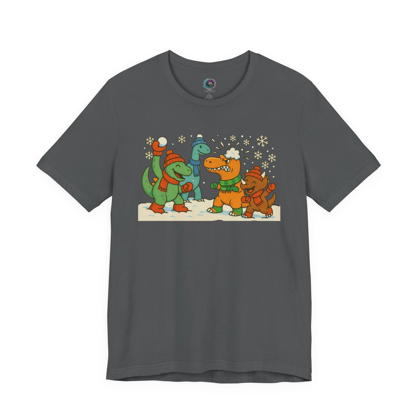 the Dinosaur Snowball Fight T-Shirt – Funny Winter Dino Graphic Tee in Asphalt, featuring cartoon dinosaurs engaged in a cheerful snowball fight.