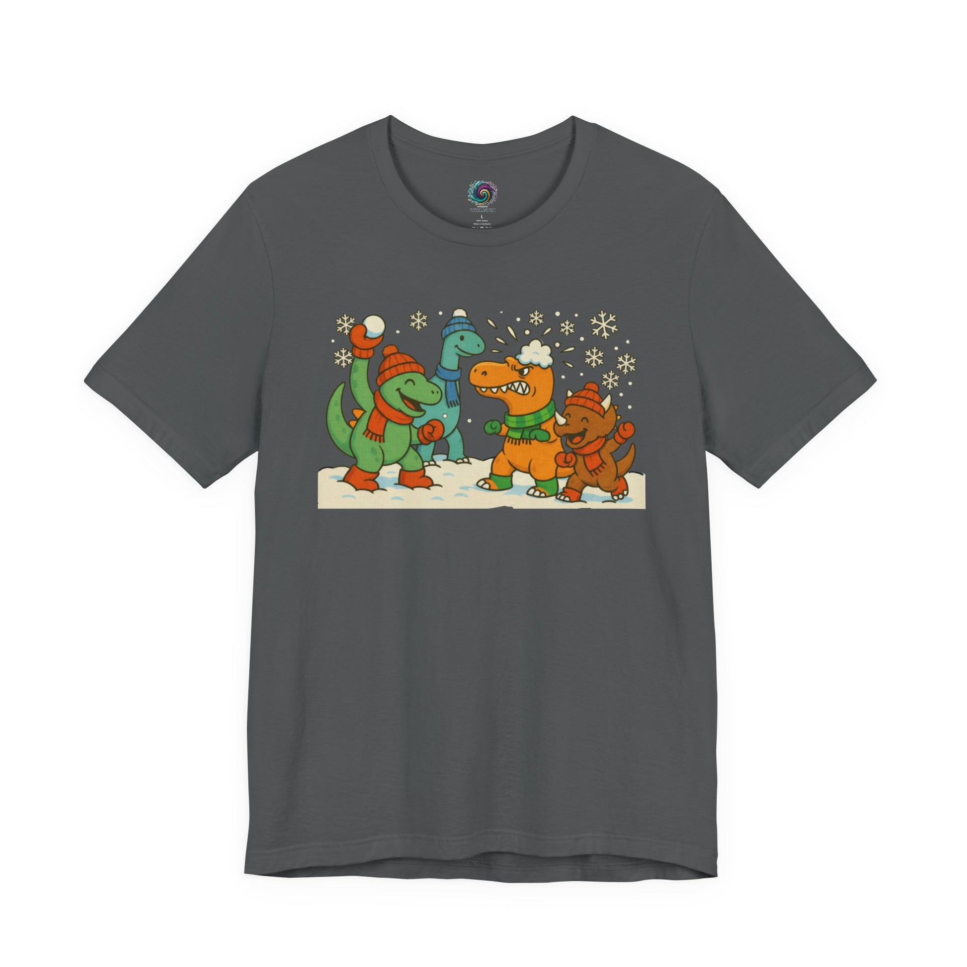the Dinosaur Snowball Fight T-Shirt – Funny Winter Dino Graphic Tee in Asphalt, featuring cartoon dinosaurs engaged in a cheerful snowball fight.