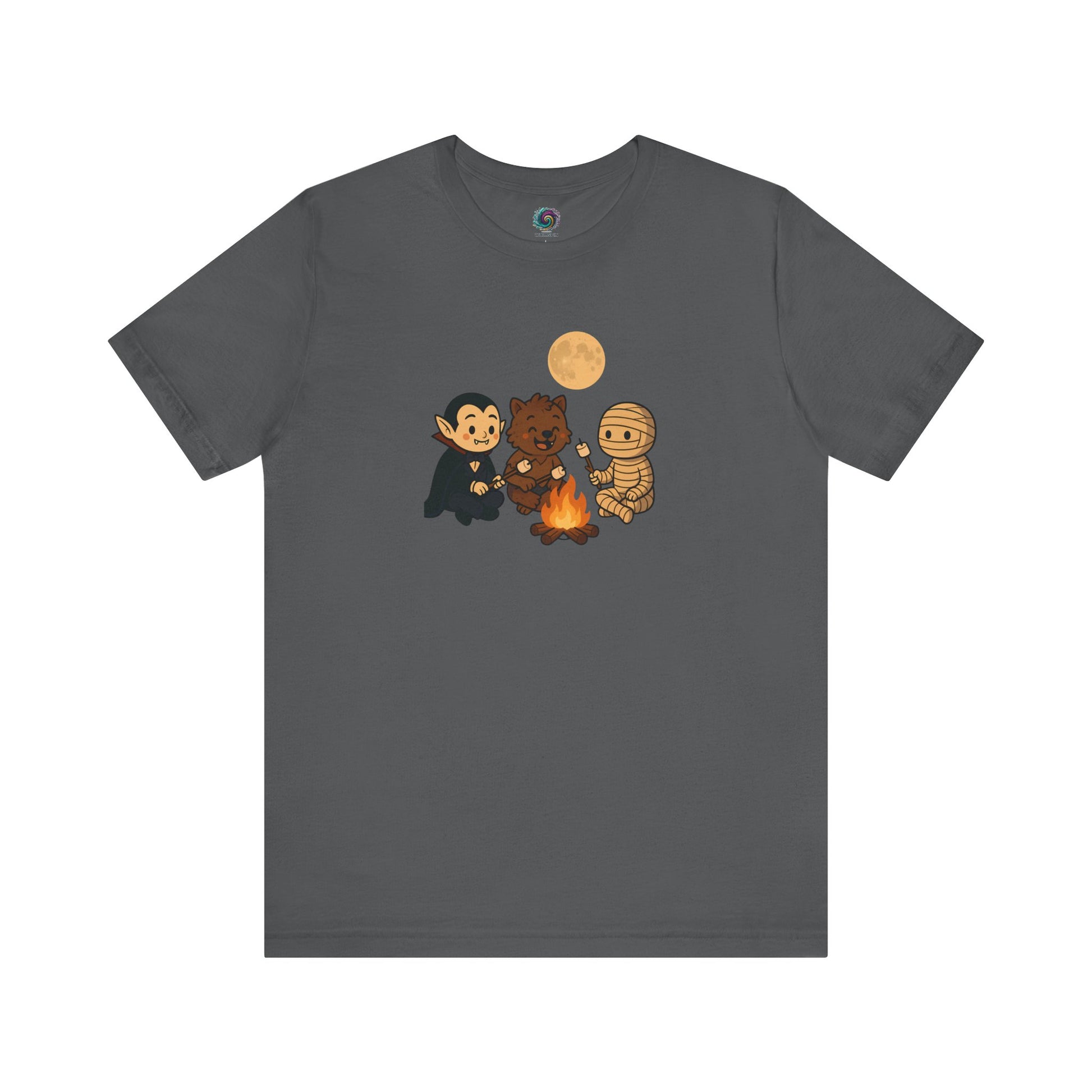 Asphalt Halloween Monsters Campfire T-Shirt from WhimSpin with a charming vampire, werewolf, and mummy roasting marshmallows in the moonlight