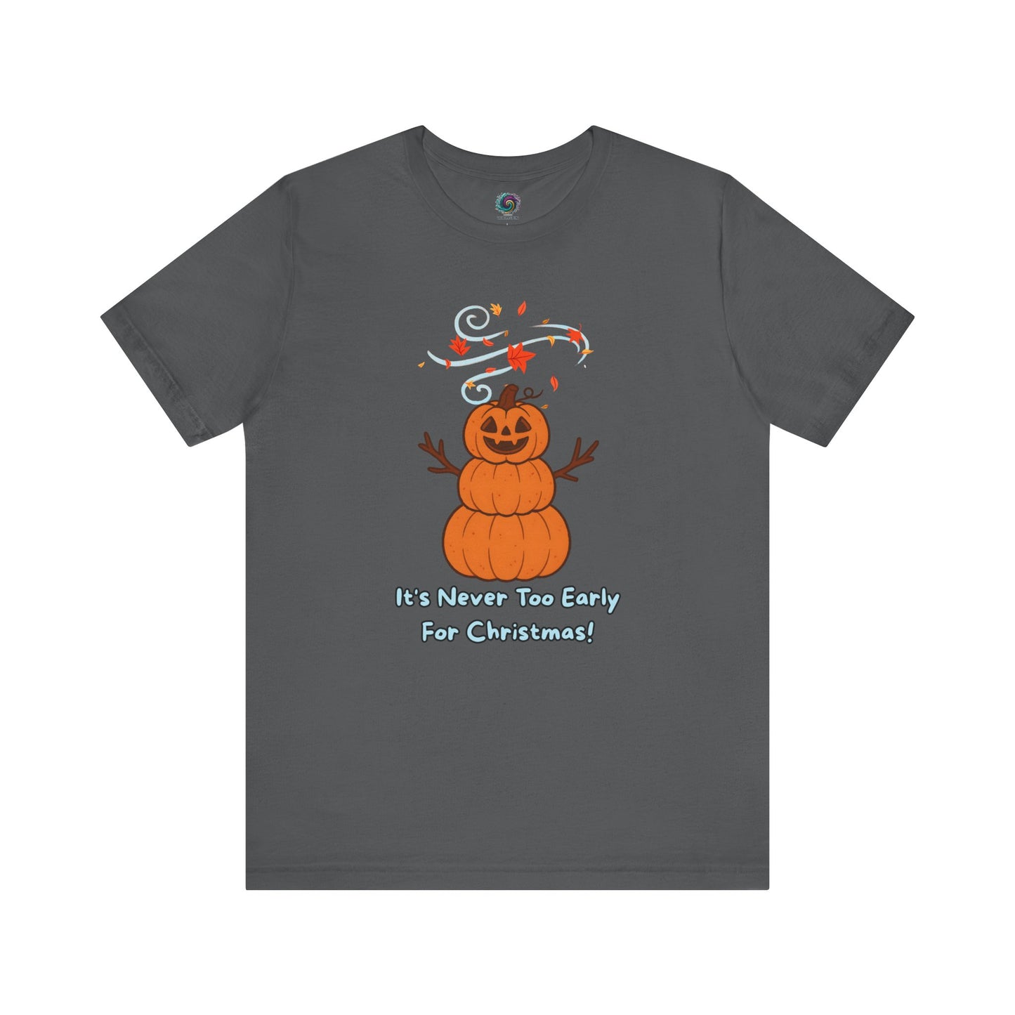 Pumpkin Snowman T-Shirt – It’s Never Too Early for Christmas in asphalt, playful pumpkin Christmas mashup design for Halloween snowman fans.