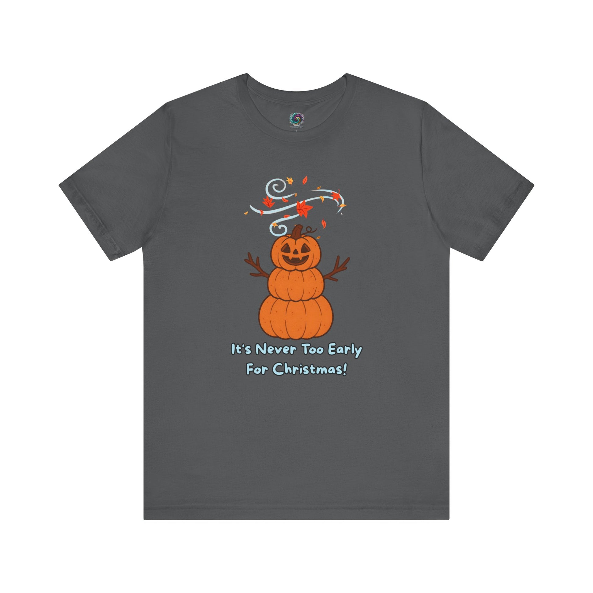 Pumpkin Snowman T-Shirt – It’s Never Too Early for Christmas in asphalt, playful pumpkin Christmas mashup design for Halloween snowman fans.
