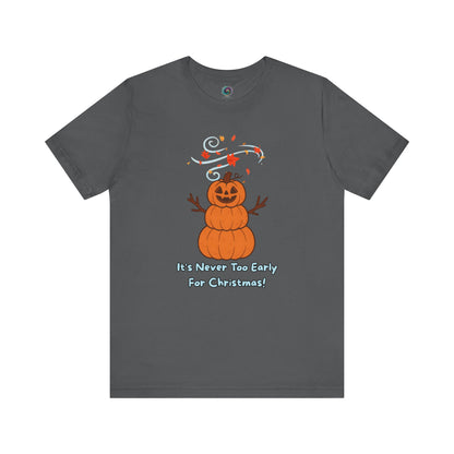 Pumpkin Snowman T-Shirt – It’s Never Too Early for Christmas in asphalt, playful pumpkin Christmas mashup design for Halloween snowman fans.