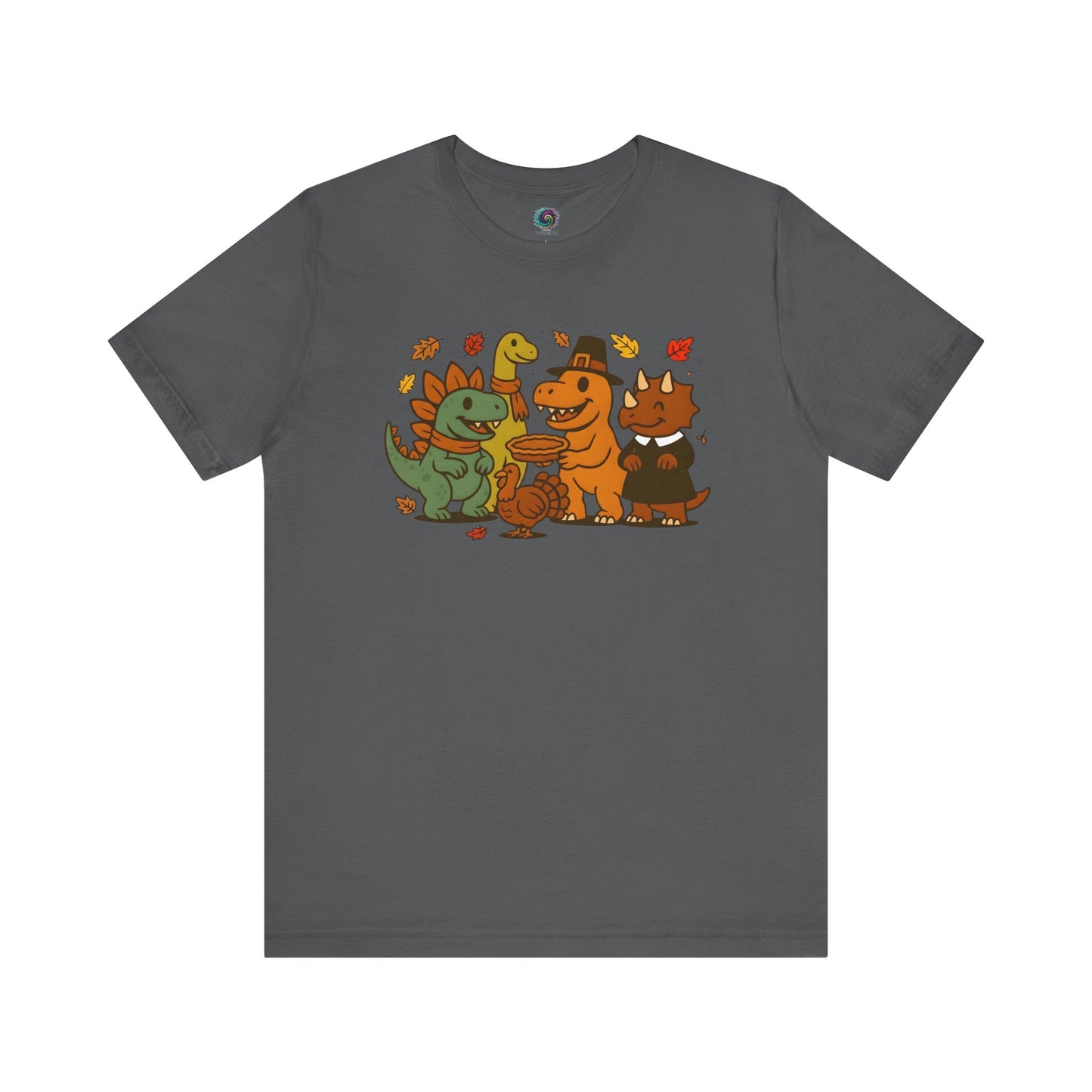 Thanksgiving Dinosaur T-Shirt – Funny Dino Thanksgiving Tee in asphalt gray with colorful cartoon dinosaurs sharing a festive meal surrounded by autumn leaves.