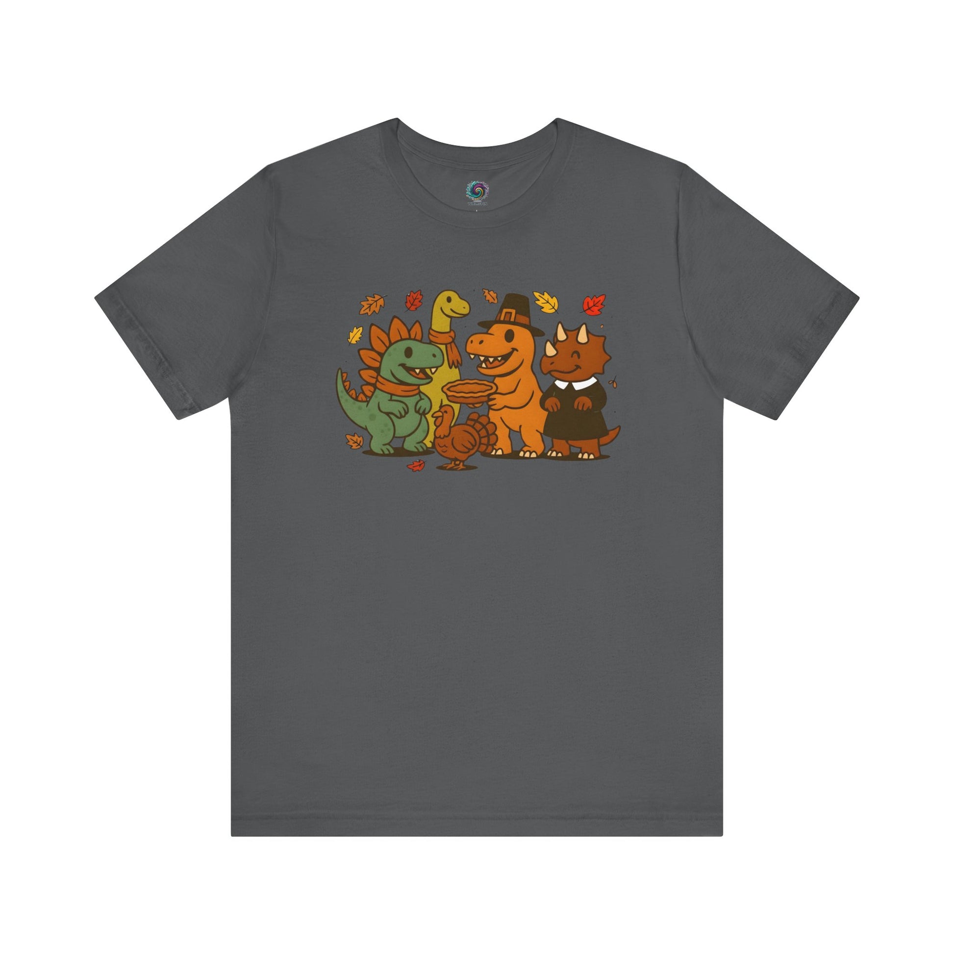 Thanksgiving Dinosaur T-Shirt – Funny Dino Thanksgiving Tee in asphalt gray with colorful cartoon dinosaurs sharing a festive meal surrounded by autumn leaves.