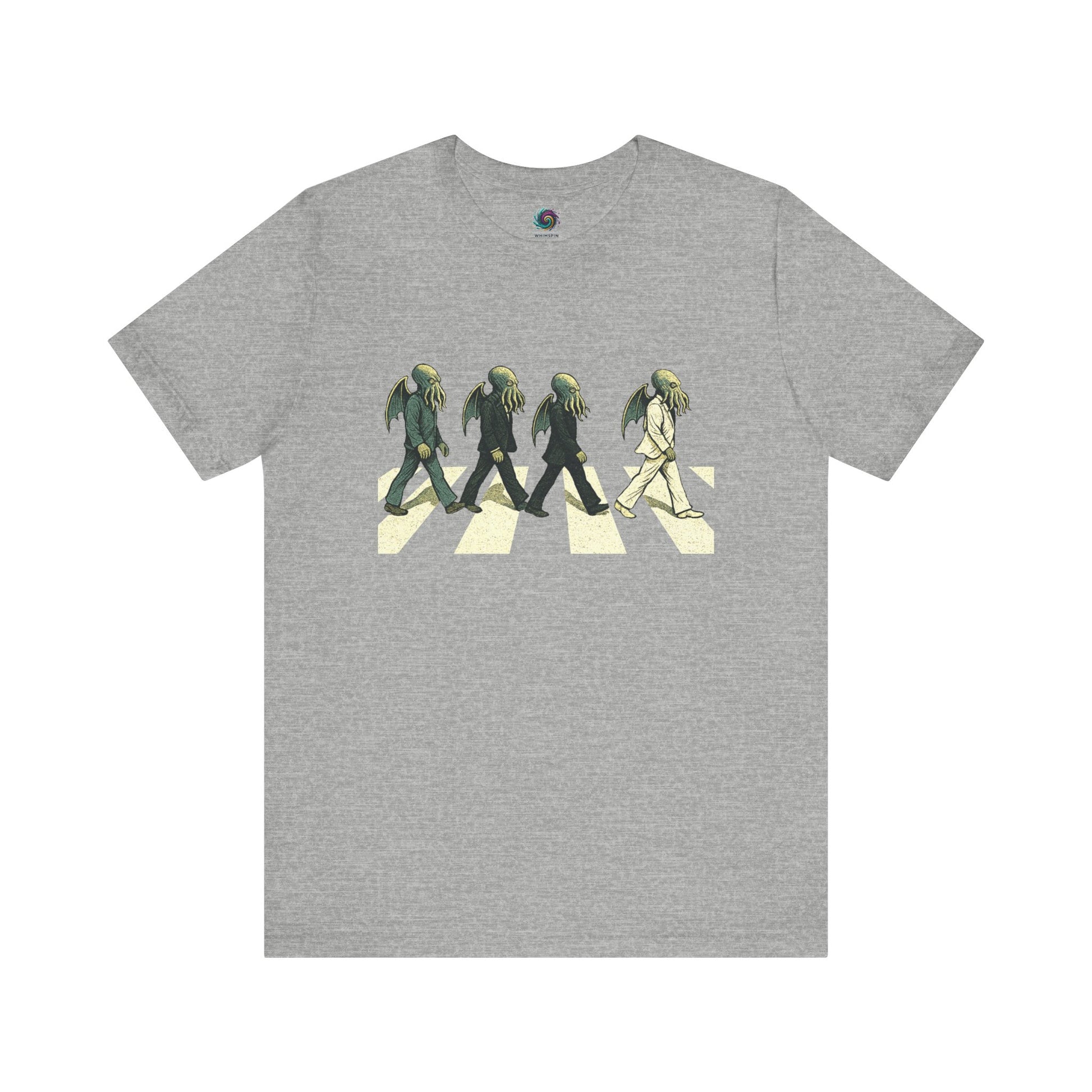 Cthulhu Crossing T-Shirt – Beatles Abbey Road Parody Tee in athletic heather, flat lay featuring lineup of Cthulhu rocker parody walkers.