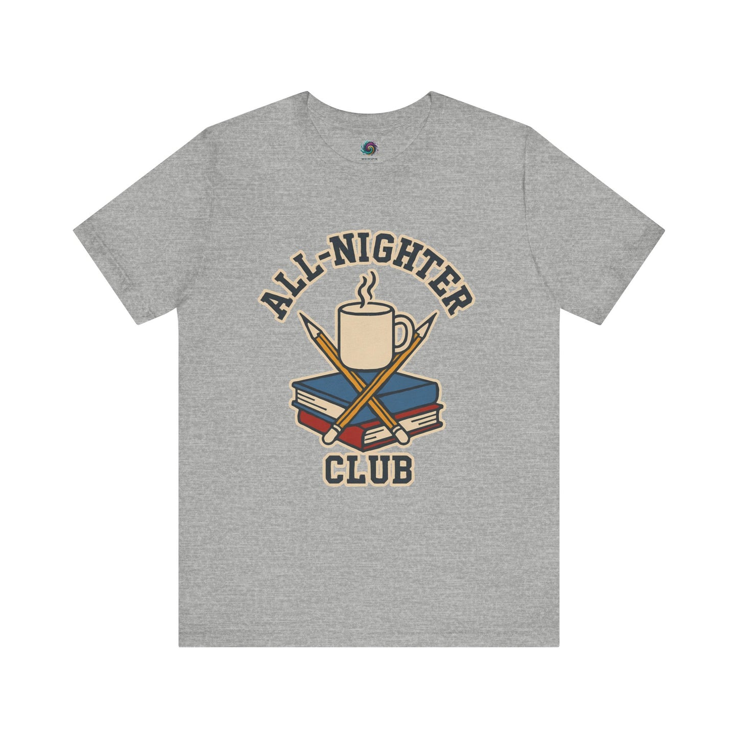 Gray t-shirt with 'All-Nighter Club' graphic design featuring a mug, books, and crossed sticks on a white background. All-Nighter Club T-Shirt – Funny Caffeine & Study Tee for Night Owls