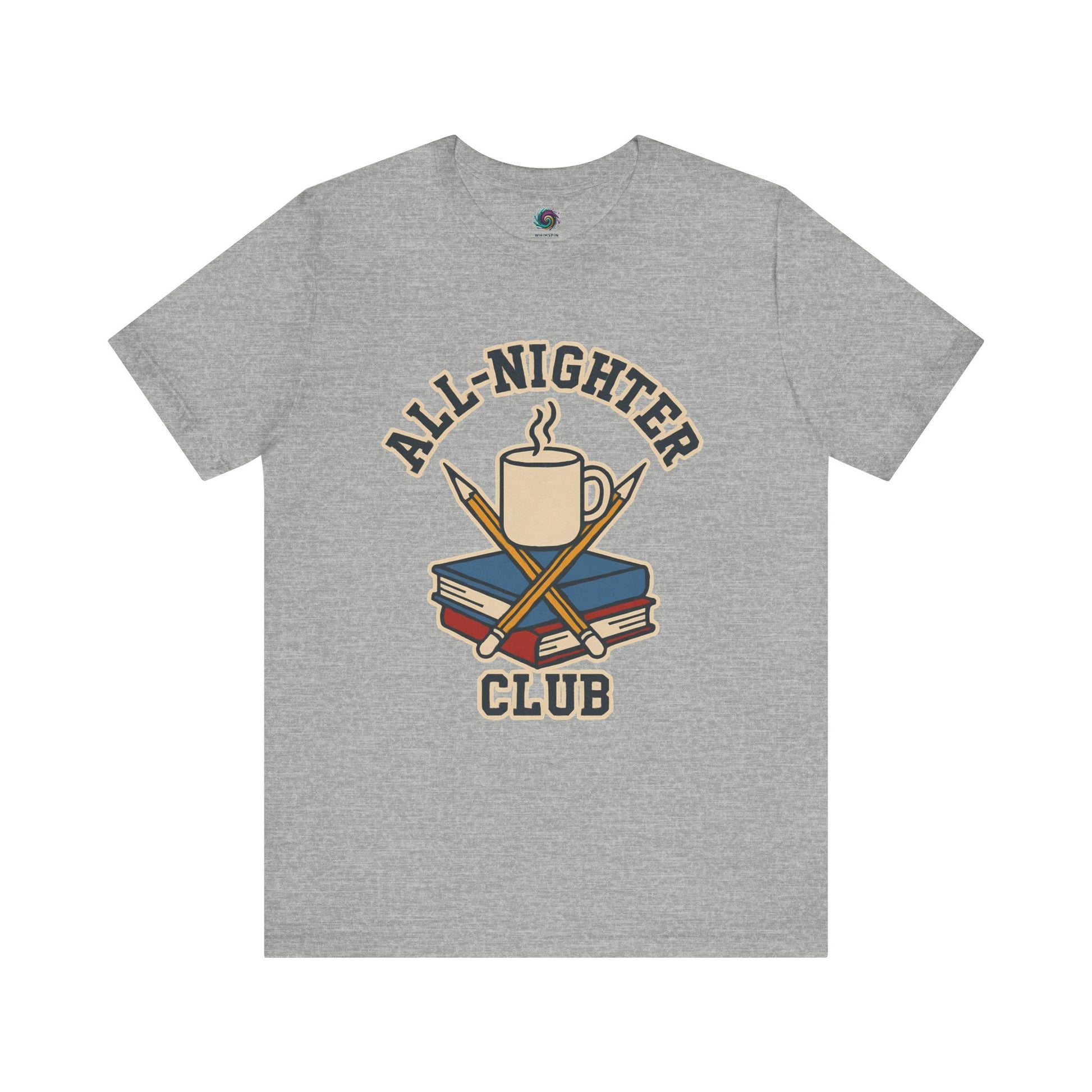 Gray t-shirt with 'All-Nighter Club' graphic design featuring a mug, books, and crossed sticks on a white background. All-Nighter Club T-Shirt – Funny Caffeine & Study Tee for Night Owls