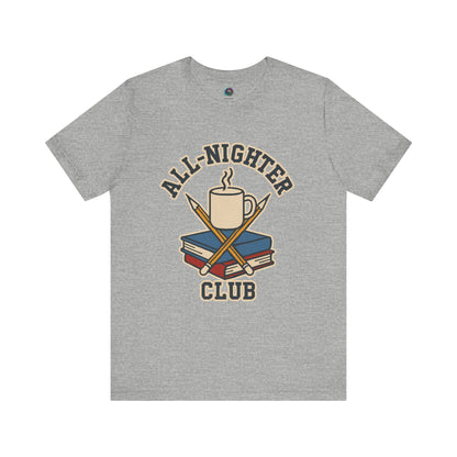 Gray t-shirt with 'All-Nighter Club' graphic design featuring a mug, books, and crossed sticks on a white background. All-Nighter Club T-Shirt – Funny Caffeine & Study Tee for Night Owls