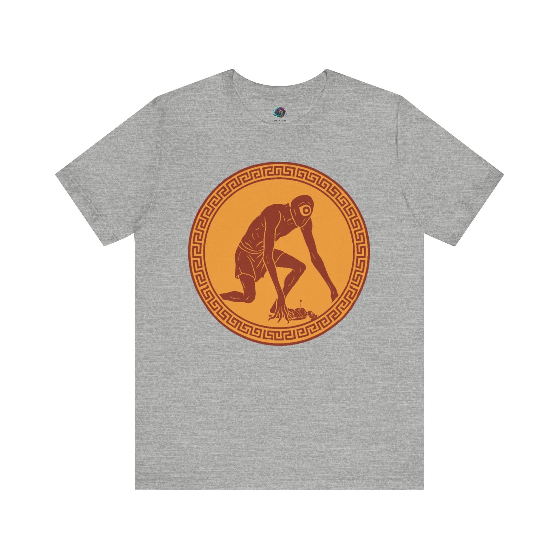 Atheltic grey t-shirt with a central red and gold circular design featuring a stylized image of Polyphemus, Cyclops from The Odyssey 
