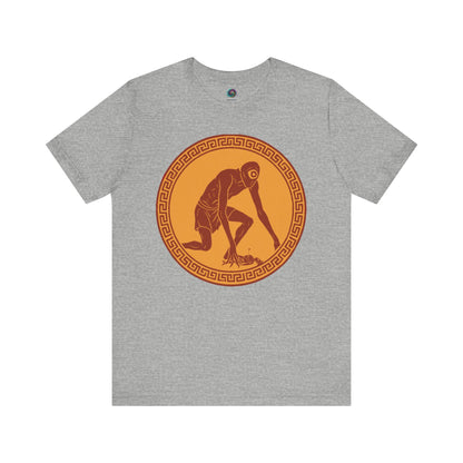 Atheltic grey t-shirt with a central red and gold circular design featuring a stylized image of Polyphemus, Cyclops from The Odyssey 