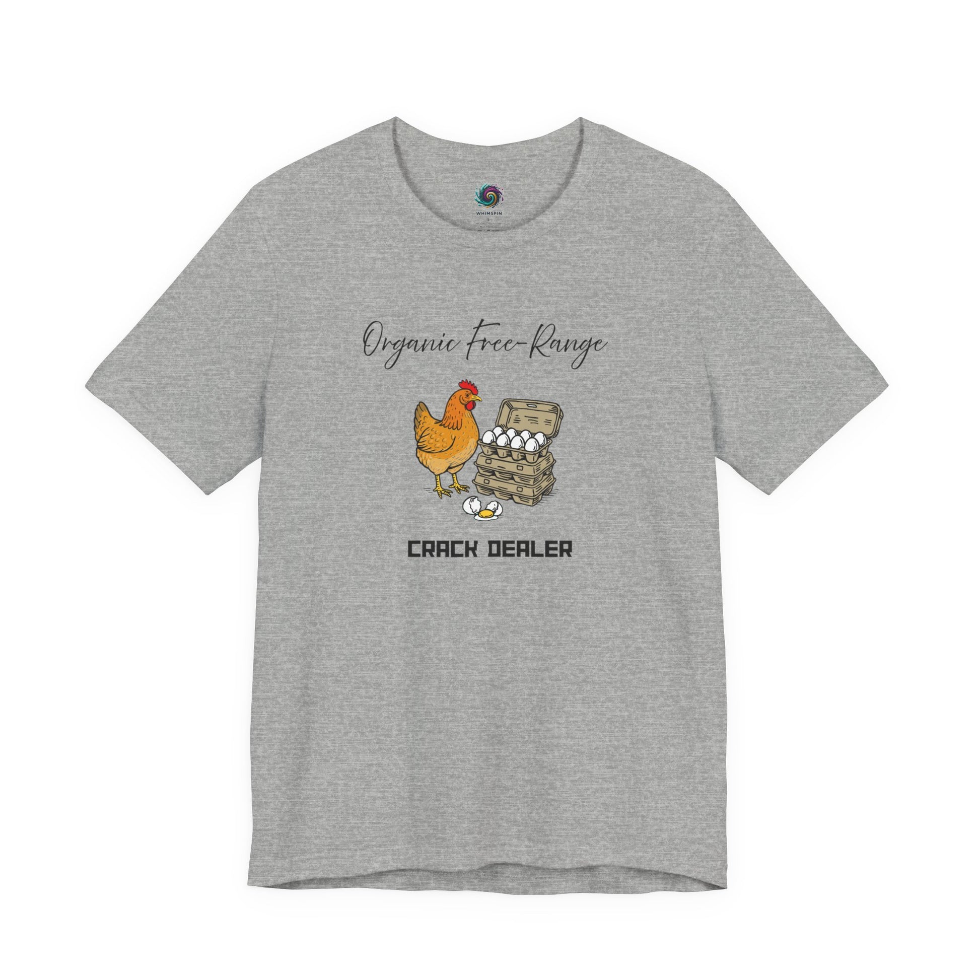 Image of the Funny Egg Dealer Chicken Shirt – Farm Humor for Chicken Moms in Athletic Heather, showing the illustrated hen with stacked egg cartons and humorous chicken mom design clearly on the front.