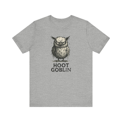 Gray t-shirt with an owl graphic and 'Hoot Goblin' text on a white background