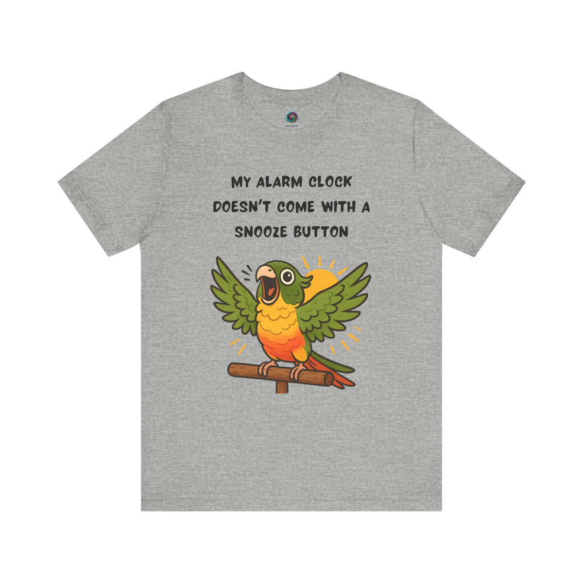 Parrot Alarm Clock T-Shirt – Funny Parrot Wake-Up Call Tee in Athletic Heather, showing the vibrant squawking parrot illustration, yellow sunburst accents, and humorous alarm-clock text clearly displayed across the chest.