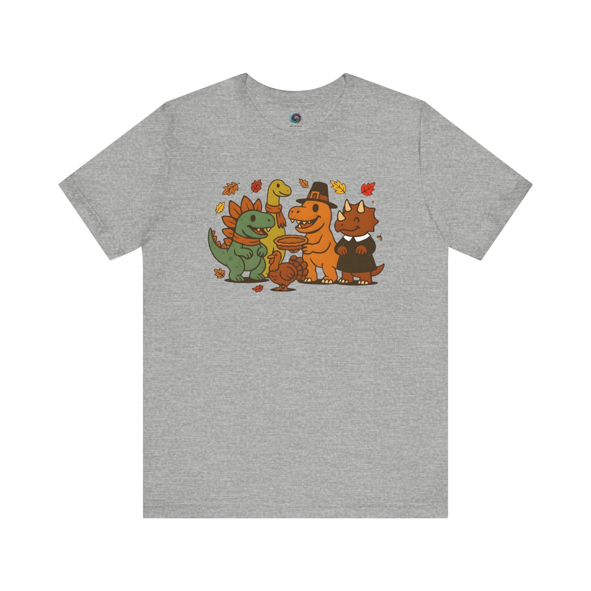 Thanksgiving Dinosaur T-Shirt – Funny Dino Thanksgiving Tee in soft athletic heather, featuring playful dinosaurs dressed for Thanksgiving with a turkey centerpiece.